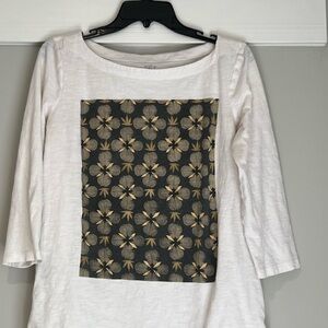 LOFT White Top with Black and Gold Floral Design